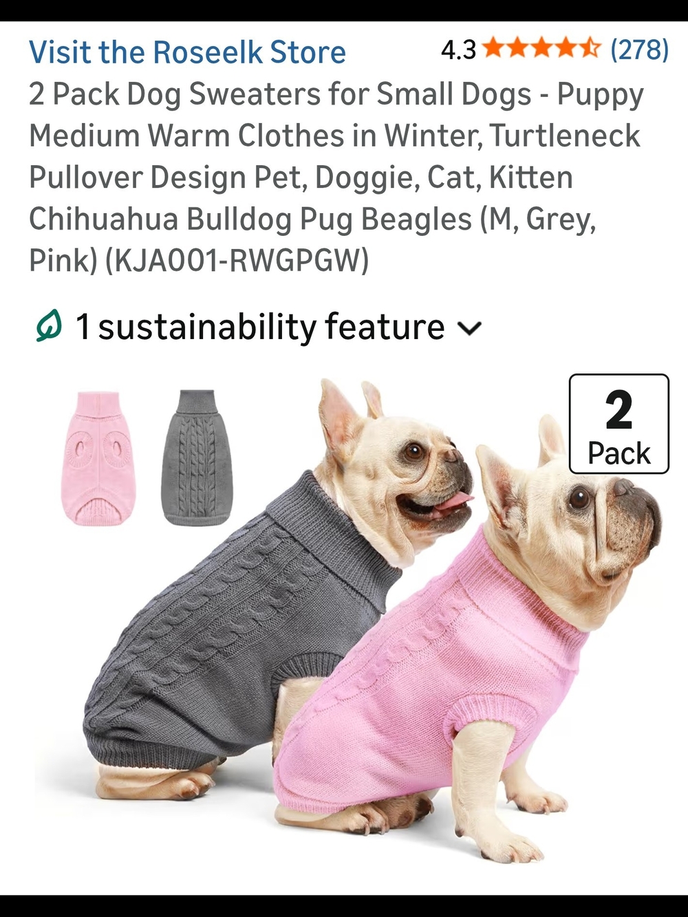 2-Pack Turtleneck Dog Sweaters - Pink & Grey Comes With Velcro "Labels" As Seen.